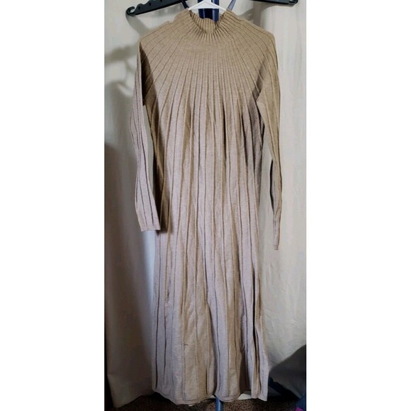 MNG Mango Perkins Neck Ribbed Knit Dress Brown Women’s 10 XL Midi Fall - Picture 3 of 10